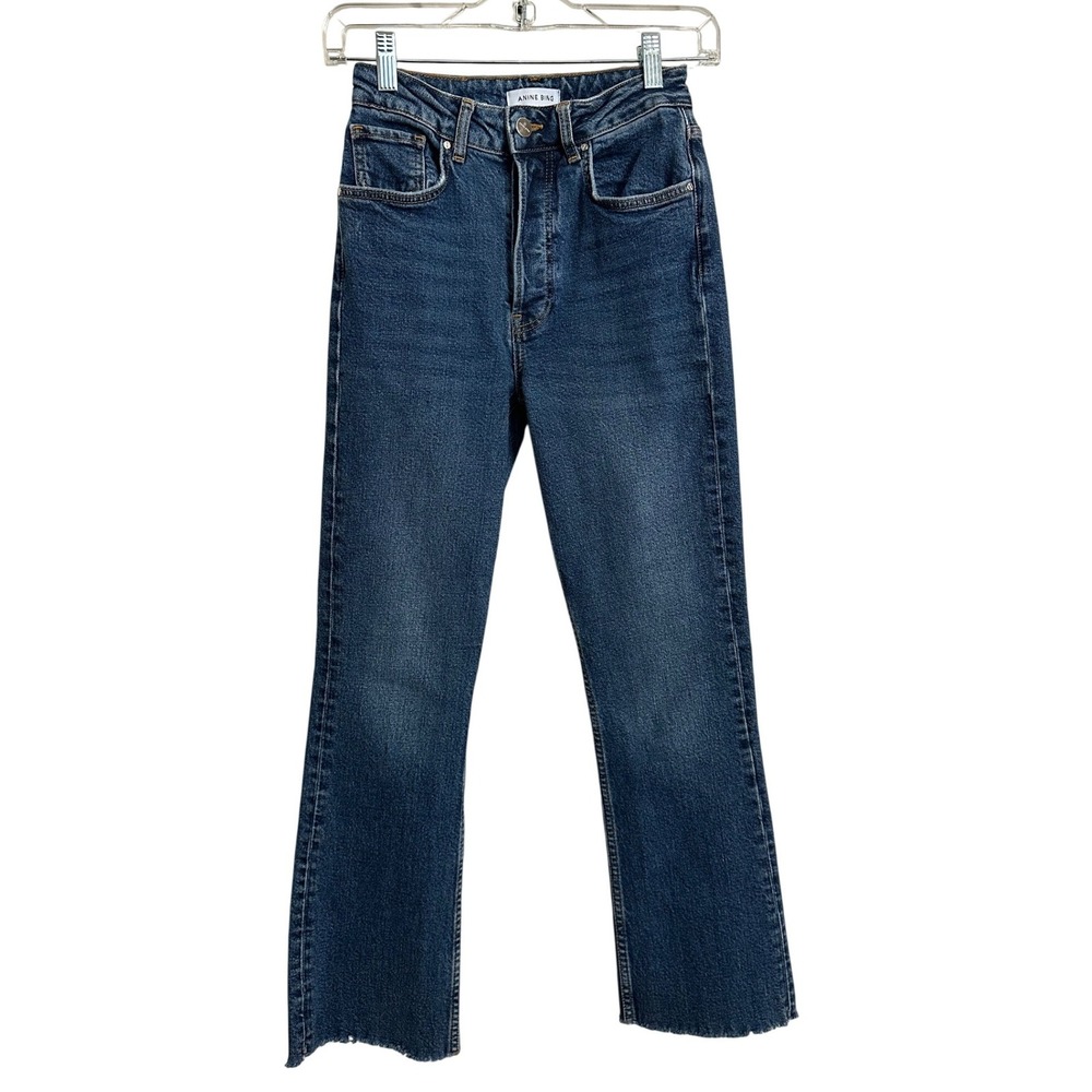 Anine Bing Lara Jean High Waisted Straight Leg Frayed Hem Blue Denim Size 25